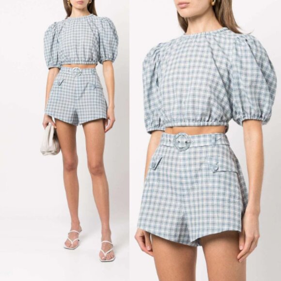 Jonathan Simkhai Co-Ords Two-Piece Set Plaid Puff Sleeves Crop Top & Shorts - Picture 3 of 13